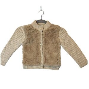 Mayoral Designer Kids Beige Knit & Faux Fur Cardigan Sweater Jacket Size 5